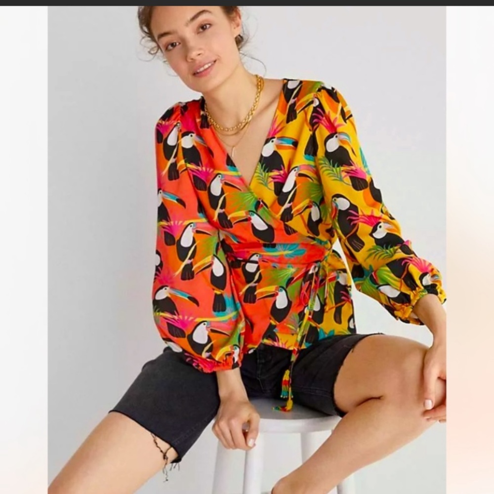 Anthropologie NWT Farm Rio Rainforest Wrap Blouse Toucans Tropical Birds Size S.